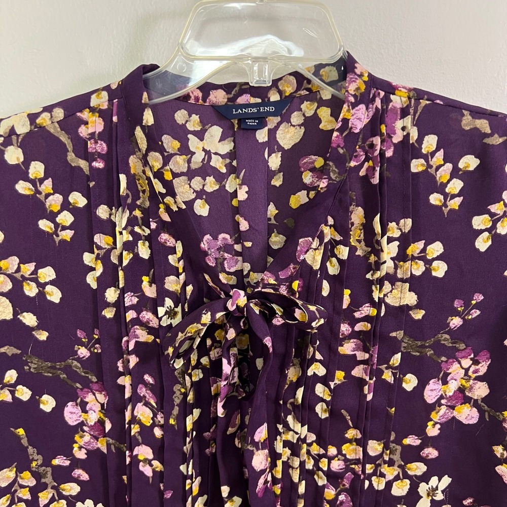 Lands End Womens Purple Floral Tie Neck Pleated Short Sleeve Blouse, Size 16 - Picture 8 of 9